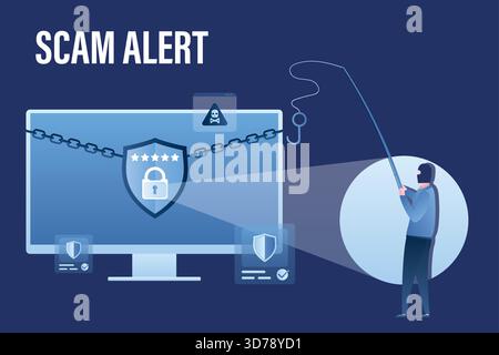 Protection des données, ordinateur avec antivirus efficace. Spamming, détection de virus. Attaque de pirate, alerte d'arnaque. Danger de piratage réseau. Un hacker vole passwor Illustration de Vecteur