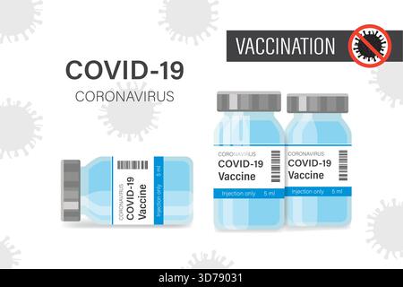 Flacons avec vaccin contre le coronavirus. Concept de vaccination, bannière horizontale. Protection contre l'infection virale COVID-19. Silhouettes de virus sur dos blanc Illustration de Vecteur