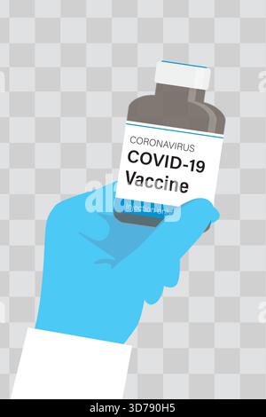 La main en manteau blanc et le gant protecteur tiennent le vaccin contre le coronavirus. Recherche et utilisation du vaccin contre la COVID-19. Flacon avec liquide médical, vaccination Illustration de Vecteur