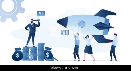 Des gens tenant des fusées, du crowdfunding. Homme d'affaires à la recherche d'idées d'investissement et de startups. Travail d'équipe, nouvelle idée et concept de collecte de fonds. L'équipe soulève Mo Illustration de Vecteur