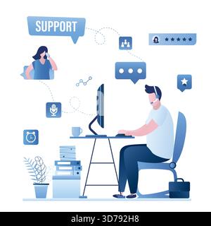 Assistant de type élégant avec casque sur le lieu de travail. Assistance en ligne, assistance téléphonique. Concept de rétroaction avec divers signes Web. Service d'aide, hotline. Internet s Illustration de Vecteur