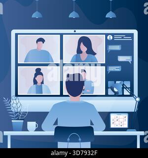Homme d'affaires ou employé de l'homme est assis devant l'écran de moniteur, vue arrière. Visioconférence, travail d'équipe. Formulaire de travail de réunion en ligne domicile. Personnage masculin en t Illustration de Vecteur