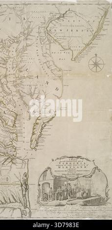 Une carte de la partie la plus habitée de la Virginie contenant toute la province du Maryland avec une partie de la Pennsylvanie, du New Jersey et de la Caroline du Nord, 1775, par Robert Sayer. 1775., Londres. Editeur, imprimé pour Robert Sayer au no 53 de Fleet Street, et Thomas Jefferys au coin de la rue Martins Lane, Charing Cross. Middle Atlantic States Maps -- Early Works to 1800, Maryland Maps -- Early Works to 1800, Virginia Maps -- Early Works to 1800., 1 carte sur 2 feuilles, colorée à la main ; dimensions 79 x 121 cm, feuilles 79 x 61 cm Banque D'Images