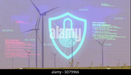 Affichage du bouclier HUD avec cadenas imprimé au-dessus des éoliennes sur la plaine d'herbe, montrant les lectures de code Banque D'Images
