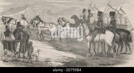 Paysans armés irlandais attendant l'approche d'un chariot-repas, accompagnés d'une escorte militaire, se dirigeant vers un poste de secours à Clonmel. Volume 10, no. 242, page 281, 1847-10-30. Les sujets incluent les paysans, l'Europe, Clonmel (Irlande), charrettes et wagons, cavalerie, fusils et gravures sur bois Banque D'Images