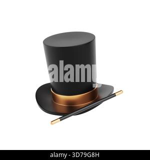 Concept de magie et d'illusion. Top Hat noir avec ruban doré et baguette magique sur fond blanc. Rendu 3D. Banque D'Images