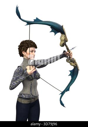 Illustration fantastique 3D d'une femme déterminée visant un arc décoratif. L'archer féminin se tient concentré et bien fixé, incarnant la précision, la puissance et el Banque D'Images