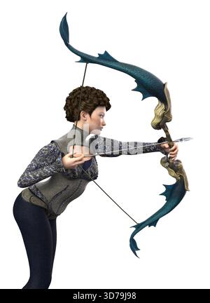 Illustration fantastique 3D d'une femme déterminée visant un arc décoratif. L'archer féminin se tient concentré et bien fixé, incarnant la précision, la puissance et el Banque D'Images