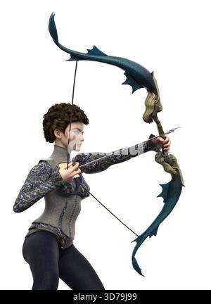 Illustration fantastique 3D d'une femme déterminée visant un arc décoratif. L'archer féminin se tient concentré et bien fixé, incarnant la précision, la puissance et el Banque D'Images