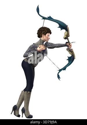 Illustration fantastique 3D d'une femme déterminée visant un arc décoratif. L'archer féminin se tient concentré et bien fixé, incarnant la précision, la puissance et el Banque D'Images