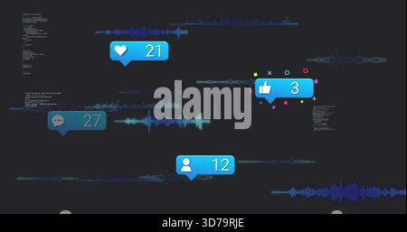 Badges d'alerte bleus flottants sur des formes d'onde sarcelle sur le tableau de bord en ardoise sombre, montrant le code et les confettis. Analytics, métriques, social, interaction, visualizat Banque D'Images
