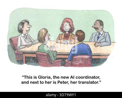 Dessin animé couleur d'une réunion professionnelle. Le patron présente le nouveau coordinateur IA et son traducteur. Banque D'Images