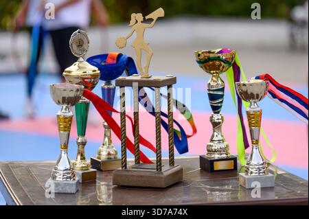 Coupes et trophées pour les compétitions de pom-pom en plein air. Décerner des trophées avec des médailles et des rubans sur la table pour les gagnants du tournoi sportif. Banque D'Images