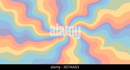 Fond de rayon ondulé abstrait arc-en-ciel psychédélique avec des couleurs pastel. Design groovy rétro tourbillon idéal pour les affiches, les impressions, les graphiques de médias sociaux, et Illustration de Vecteur