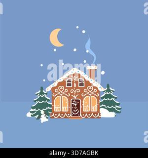 Maison de biscuits en pain d'épice confortable avec glaçage, bonhomme de neige et pins dans le paysage hivernal enneigé, scène de nuit de vacances avec lune et neige tombante, festive Illustration de Vecteur