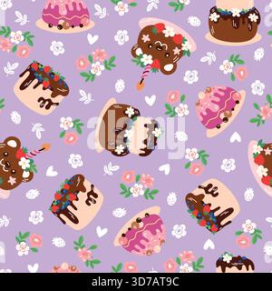 Gâteaux des fêtes avec des bougies. Pâtisseries sucrées à motif sans couture. Dessert d'anniversaire. Impression répétée. Délicieuse confiserie. Glaçage au chocolat et crème Illustration de Vecteur