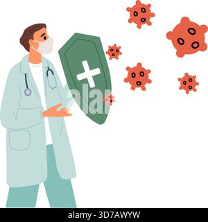 Docteur avec bouclier protège contre les germes et les bactéries. Soins médicaux et protection contre les infections. Médecin gardien. Homme combattant avec des microbes Illustration de Vecteur