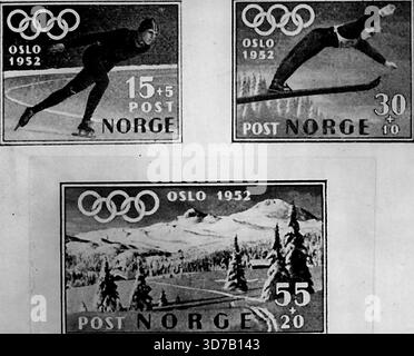 Nouvelle émission de timbres pour les Jeux Olympiques d'hiver - la nouvelle émission - le minerai 15 -5 de couleur verte : 30 - 10 de couleur rouge : et le minerai 55-20 de couleur bleue.de nouveaux timbres-poste sont émis par la Norvège pour les prochains Jeux Olympiques d'hiver qui auront lieu à Oslo du 14 au 25 février 1952. 10 septembre 1951. (Photo de Sports & General Press Agency, Limited). Banque D'Images