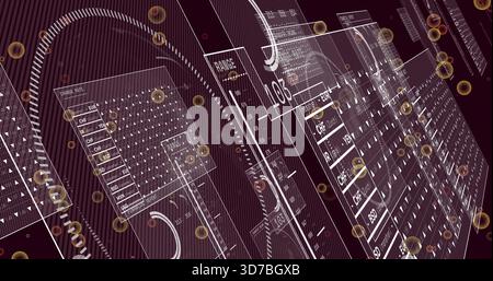 Affichage des panneaux de données translucides et HUD dans le tableau de bord 3D, montrant les matrices de grille et les sphères dorées Banque D'Images