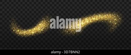 Poussière dorée et éclaboussure vectorielle de paillettes, particules d'étoile magique. Éclat de poussière de paillettes dorées coulant un effet de pulvérisation de poudre de lumière avec des paillettes brillantes et de la poussière d'étoile dispersées dans le mouvement cosmique Illustration de Vecteur