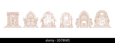 Icônes de porte d'arc de boho de porte de château de paradis ou de porte de magie mystique Bohème, ligne vectorielle Arc de boho ou icônes d'arc de porte de château médiéval avec étoiles célestes magiques et soleil pour tatouage bohème Illustration de Vecteur
