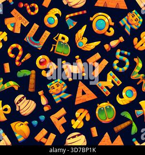 Police égyptienne, ancien motif de lettres pharaon. Vectoriel fond de tuile sans couture ou papier peint avec des lettres de bande dessinée, des chiffres et des symboles avec des pharaons, des pyramides, des scarabées, des momies et des motifs hiéroglyphiques Illustration de Vecteur