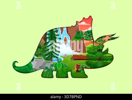 Silhouette de dinosaure coupé en papier avec des pins de paysage préhistorique, des falaises rocheuses et cascade de cascades entourées de montagnes rouges. Paysage de forêt jurassique luxuriante, fougères tropicales, rochers dans les reptiles Illustration de Vecteur