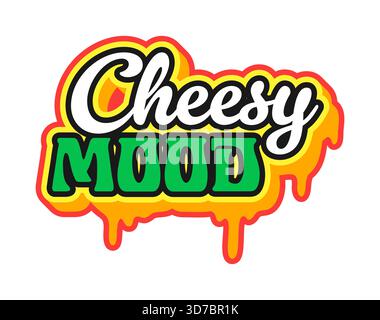 Autocollant ou étiquette Y2K rétro de l'humeur de restauration rapide au fromage. Étiquette vectorielle Y2K de menu à emporter, patch funky de restaurant de restauration rapide. Autocollant de café à emporter ou étiquette avec fromage fondant et dégouttant, typographie colorée Illustration de Vecteur