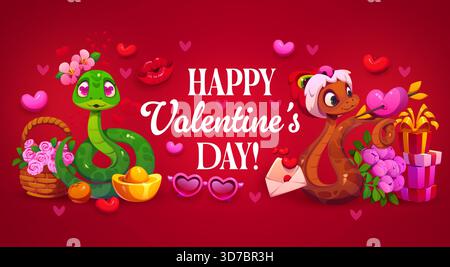 Carte de voeux ou bannière de bonne Saint Valentin. Dépliant vecteur de célébration d'amour, carte de voeux de fête romantique. Affiche de Saint Valentin avec des personnages de dessins animés drôles de serpents, des boîtes cadeaux et des fleurs Illustration de Vecteur