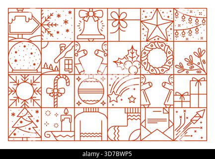 Motif géométrique de ligne de Noël avec des icônes d'hiver festives dans une grille linéaire rouge. Ornements d'art de ligne, flocons de neige, cloches, couronne, houx, boules, cadeaux et symboles saisonniers vecteur de fond de vacances Illustration de Vecteur
