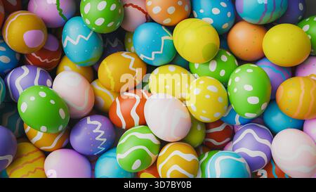 Texture colorée de vue de dessus de pile de fond d'oeufs de Pâques. rendu 3d. Banque D'Images