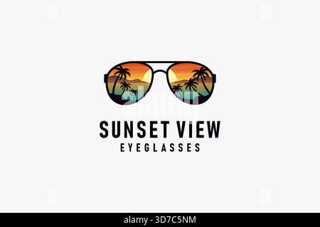 Vue sur la plage du coucher du soleil dans la conception du logo des lunettes Illustration de Vecteur