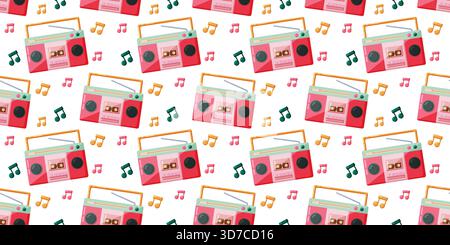 Un motif vectoriel sans couture animé avec une radio-boombox classique des années 90 et un lecteur de cassette, entouré de notes de musique colorées, créant une nostalgie amusante Illustration de Vecteur