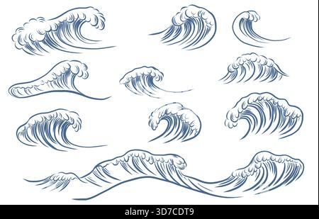 Ensemble vectoriel de vagues océaniques stylisées dans un style inspiré japonais dessiné à la main. Collection d'ondes de mouvement monochromes bleues. Parfait pour les tirages, surf desig Illustration de Vecteur