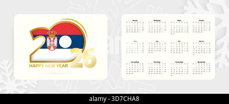 Calendrier horizontal de poche 2026 en langue serbe. Icône du nouvel an 2026 avec drapeau de la Serbie. Calendrier vectoriel. Illustration de Vecteur