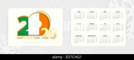 Calendrier horizontal de poche 2026 en langue irlandaise. Icône du nouvel an 2026 avec drapeau de l'Irlande. Calendrier vectoriel. Illustration de Vecteur