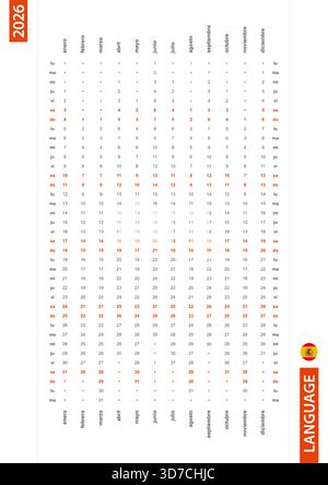 Espagnol calendrier vertical à une ligne 2026, lundi premier jour de la semaine. Calendrier vectoriel en langue espagnole. Illustration de Vecteur