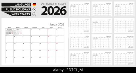 Calendrier allemand pour 2026. Langue allemande, la semaine commence à partir de lundi. Modèle de calendrier vectoriel pour l'Allemagne, la Belgique, l'Autriche, la Suisse et OT Illustration de Vecteur