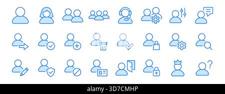 Jeu d'icônes de ligne de compte utilisateur. Profil, login, admin, paramètres, sécurité illustrations vectorielles minimales. Signes de contour simples pour l'interface Web. Couleur bleue Illustration de Vecteur