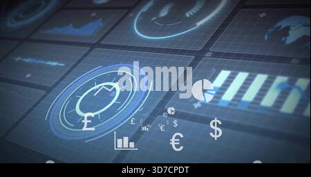 Affichage de la jauge concentrique de la livre flottante sur le tableau de bord virtuel, montrant l'euro dollar yen Banque D'Images