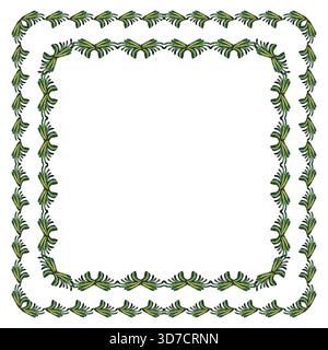 Cadres verts carrés avec motifs aiguilles de pin dessinés à la main dans un style botanique. Modèle de cadre aquarelle pour cartes de vacances, étiquettes, emballage, éco-frien Banque D'Images