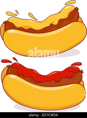 Sandwichs hot-dog avec sauce. Ketchup, moutarde sur saucisse rôtie dans des petits pains. Sandwichs de restauration rapide avec saucisses. Illustration de Vecteur