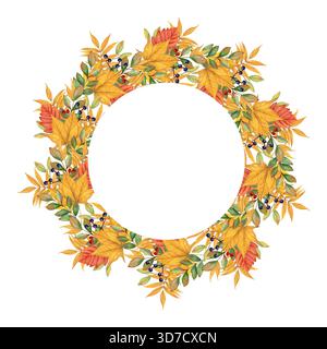 Une couronne d'aquarelle faite de feuilles d'automne et de baies disposées dans un cadre circulaire. Nature automne dessiné à la main clip Parfait pour les cartes saisonnières, inv Banque D'Images