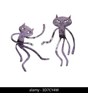Un ensemble de deux chats violets de dessin animé sur le thème de l'espace. Illustrations d'aquarelle dessinées à la main pour la conception d'enfants Banque D'Images