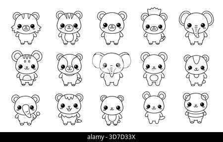 Collection de quinze animaux de bande dessinée mignons dans un contour noir et blanc pour la coloration ou l'utilisation éducative Illustration de Vecteur