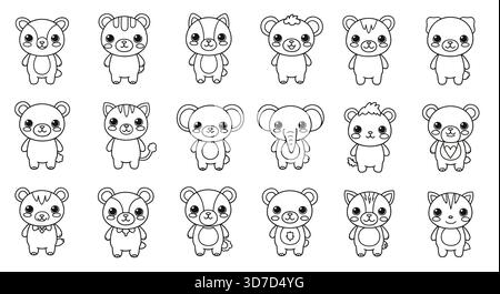 Une collection d'animaux de dessins animés mignons, y compris les ours chats koalas et un éléphant en noir et blanc Illustration de Vecteur