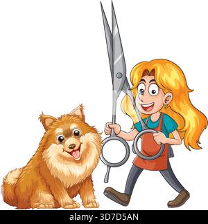 Toiletteur souriant avec des ciseaux surdimensionnés se tient à côté d'un chien heureux et moelleux dans le style vectoriel de dessin animé Illustration de Vecteur