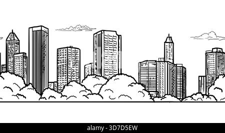 La silhouette d'une mégalopole et des buissons luxuriants de parcs, un croquis noir et blanc. Illustration vectorielle. Grands bâtiments à plusieurs étages sur un couturier Illustration de Vecteur