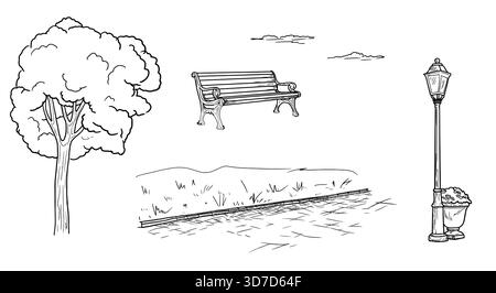 Un arbre et une lanterne de parc, parterre de fleurs avec des fleurs dans l'herbe, un croquis. Le dessin est dessiné à la main, un dessin simple, l'ensemble est isolé sur fond blanc Illustration de Vecteur
