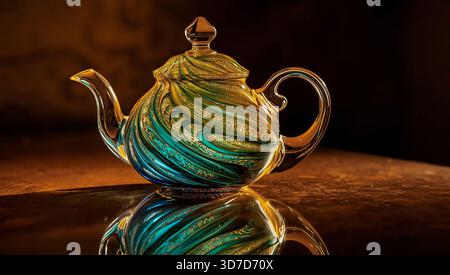 Théière en verre artistique élégante avec des couleurs tourbillonnantes sur la surface réfléchissante Banque D'Images